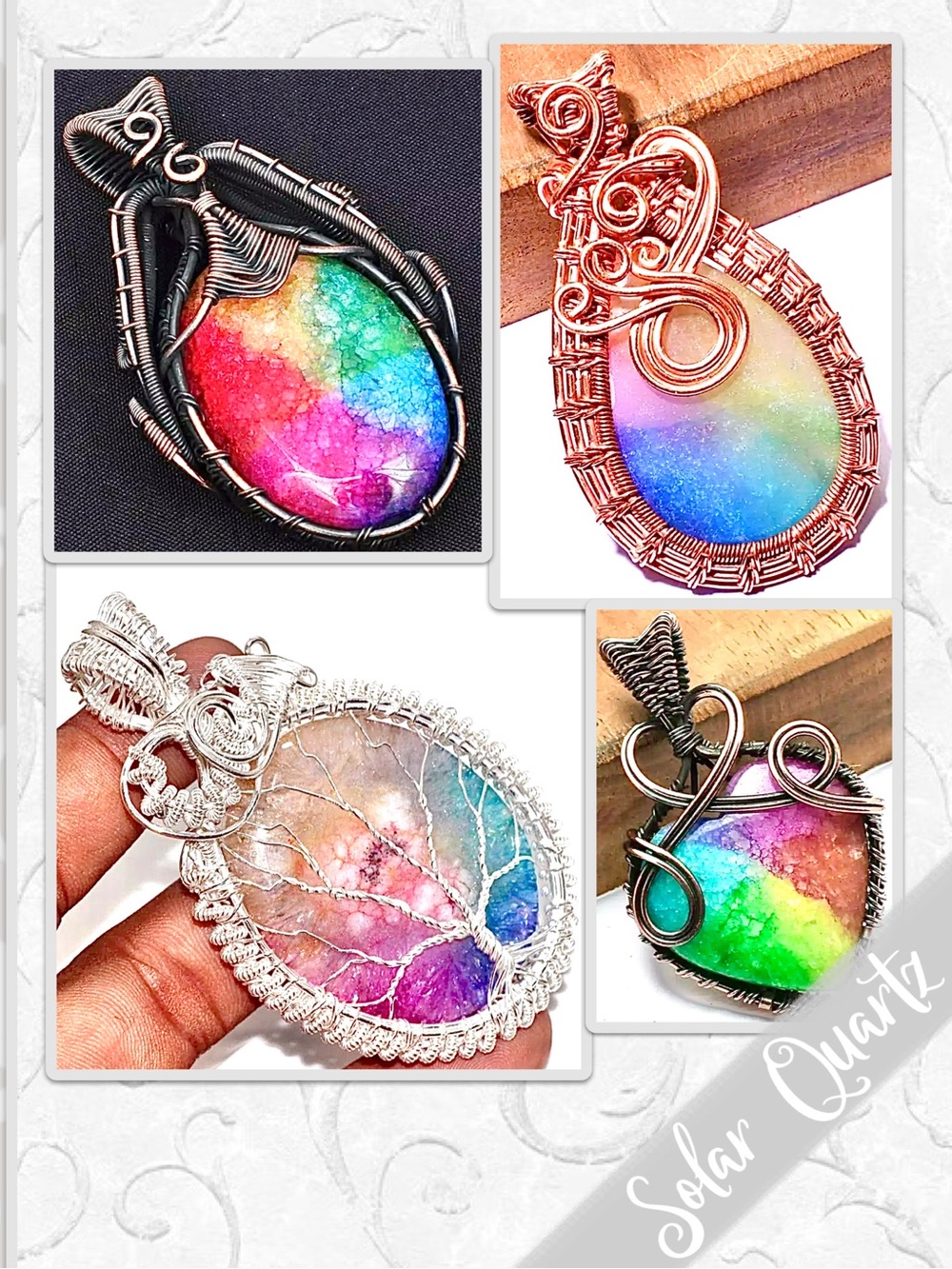 Rainbow Solar Quartz Artisan Wire-Wrapped Pendant Blue, Green, Yellow, Red, Pink